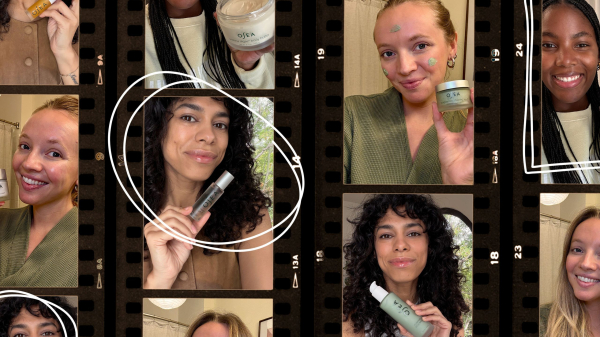 A black film strip collage of Allure editors holding their favorite OSEA skincare and bodycare products