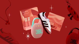 Image contains a collage of gift ideas for teenage girls including makeup a bluetooth speaker and Adidas Samba sneakers