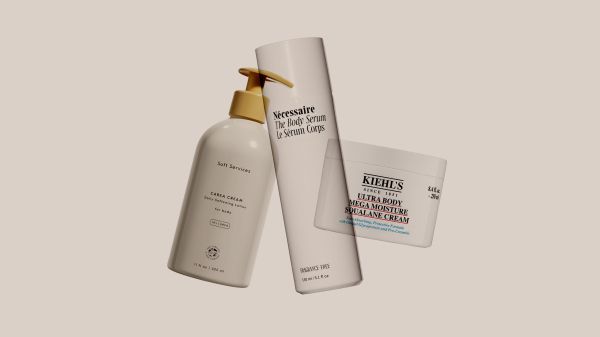 Image contains a collage of three body moisturizers for itchy skin