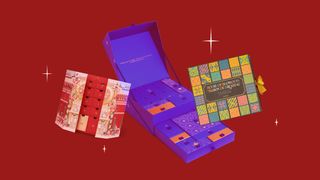 A collage of Charlotte Tilbury Augustinus Bader and Benefit advent calendars on a deep red background